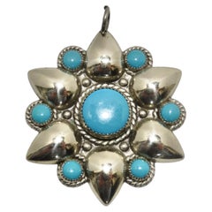Retro 1960s Native American Silver Turquoise Flower Pendent