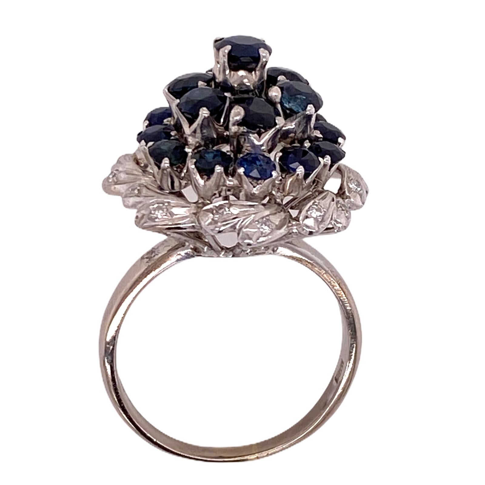 Round Cut 1960s Natural Blue Sapphire Diamond 18 Karat White Gold Dome Ring