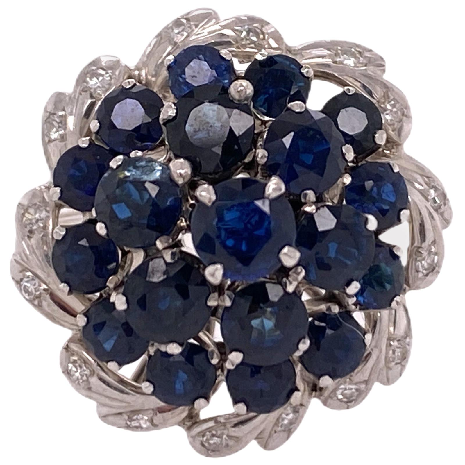 1960s Natural Blue Sapphire Diamond 18 Karat White Gold Dome Ring