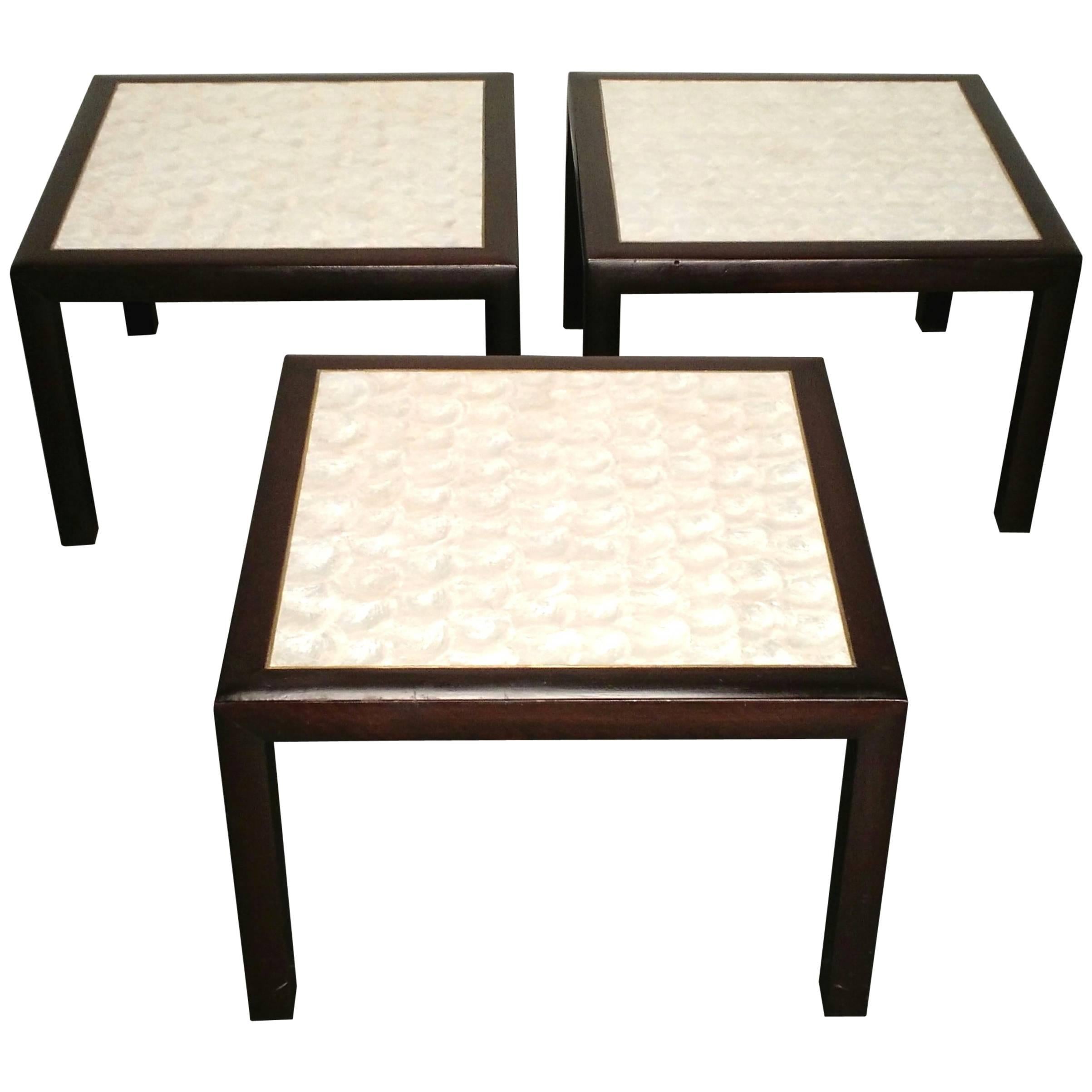 American 1960s Natural Capiz Shell Top Occasional Side Table Set of 3