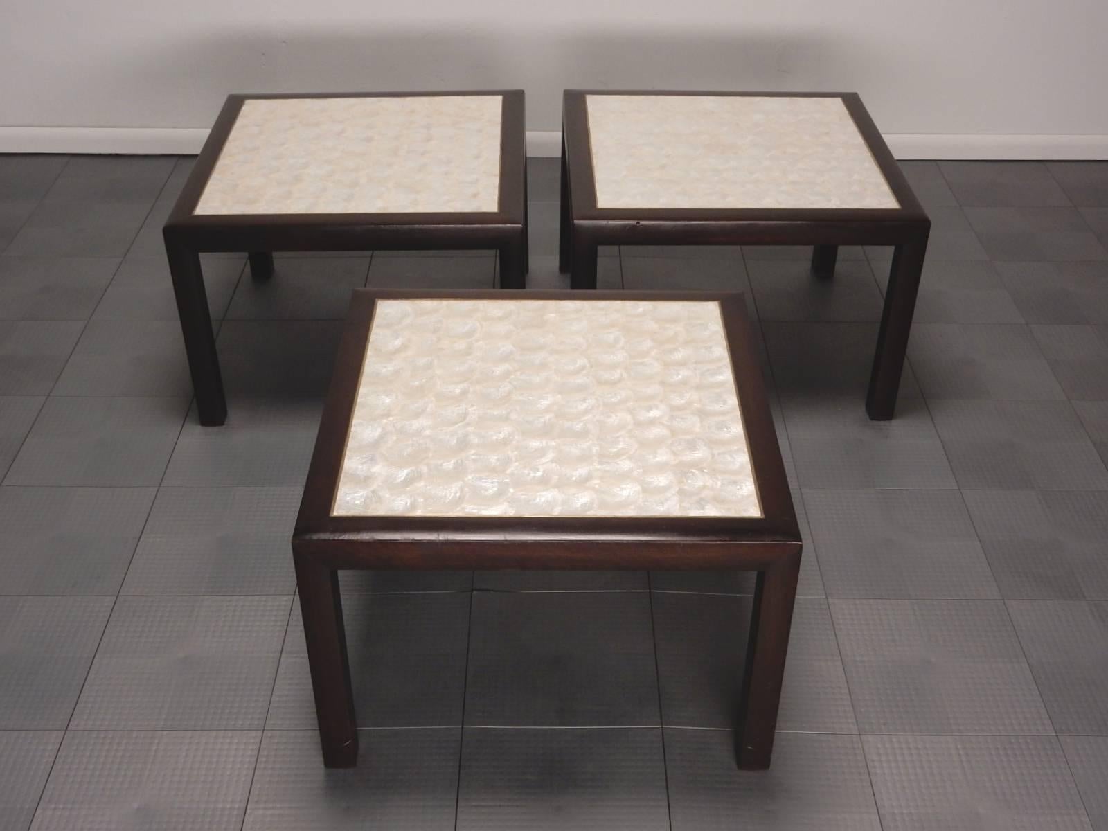 1960s Natural Capiz Shell Top Occasional Side Table Set of 3 In Good Condition In Las Vegas, NV
