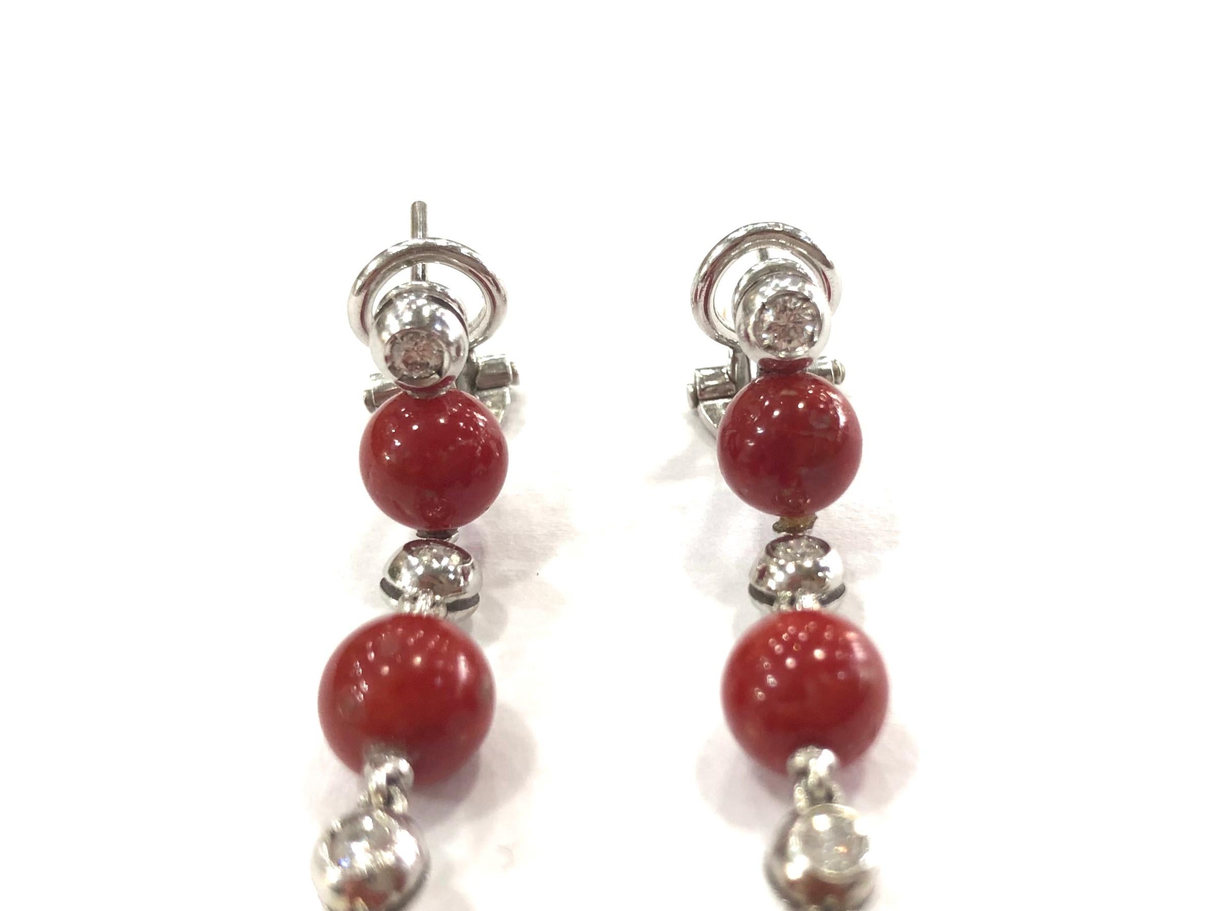 Round Cut 1960s Natural Coral and Diamond Drop Earrings For Sale