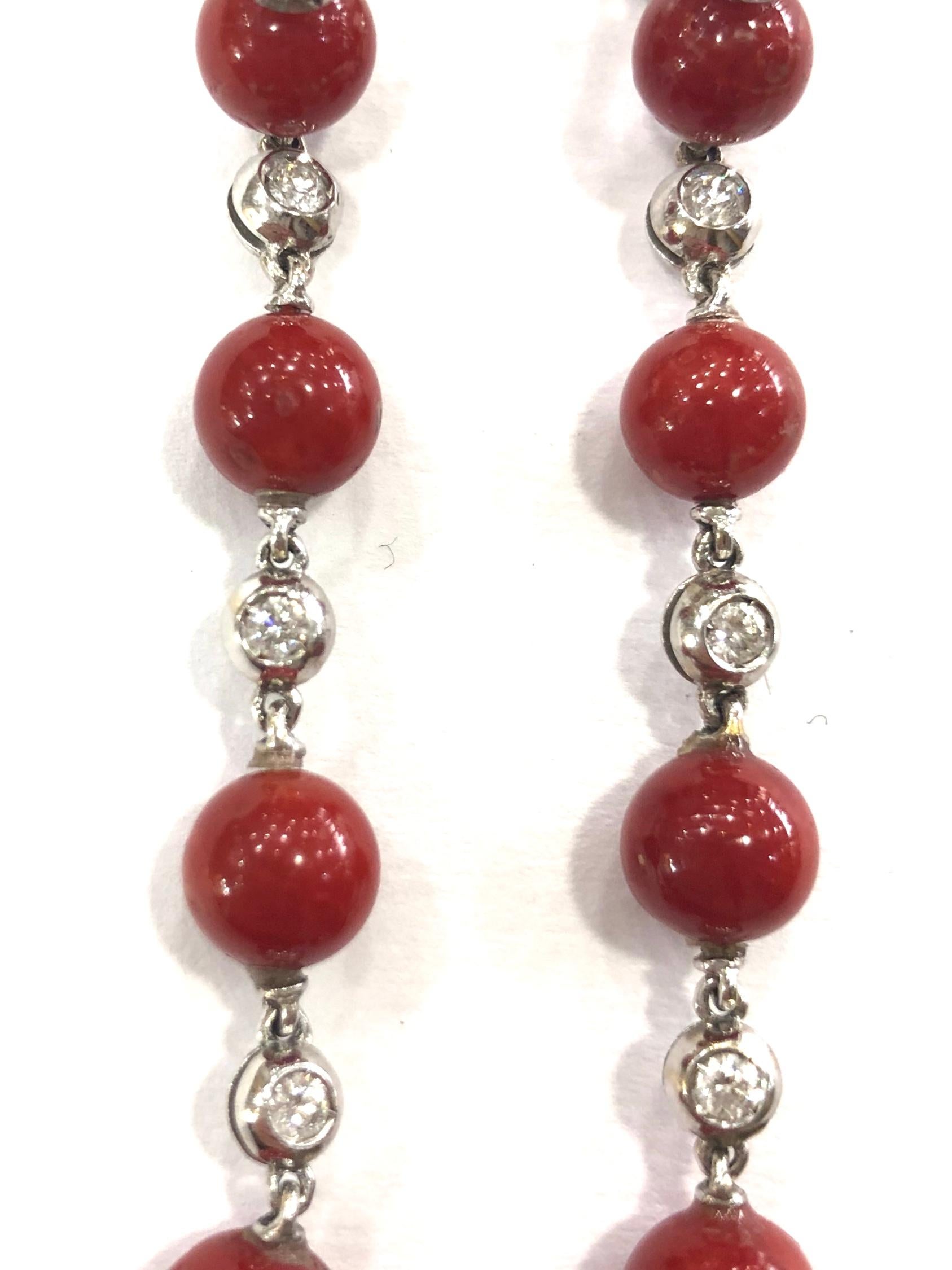 1960s Natural Coral and Diamond Drop Earrings In Good Condition For Sale In Oxted, Surrey