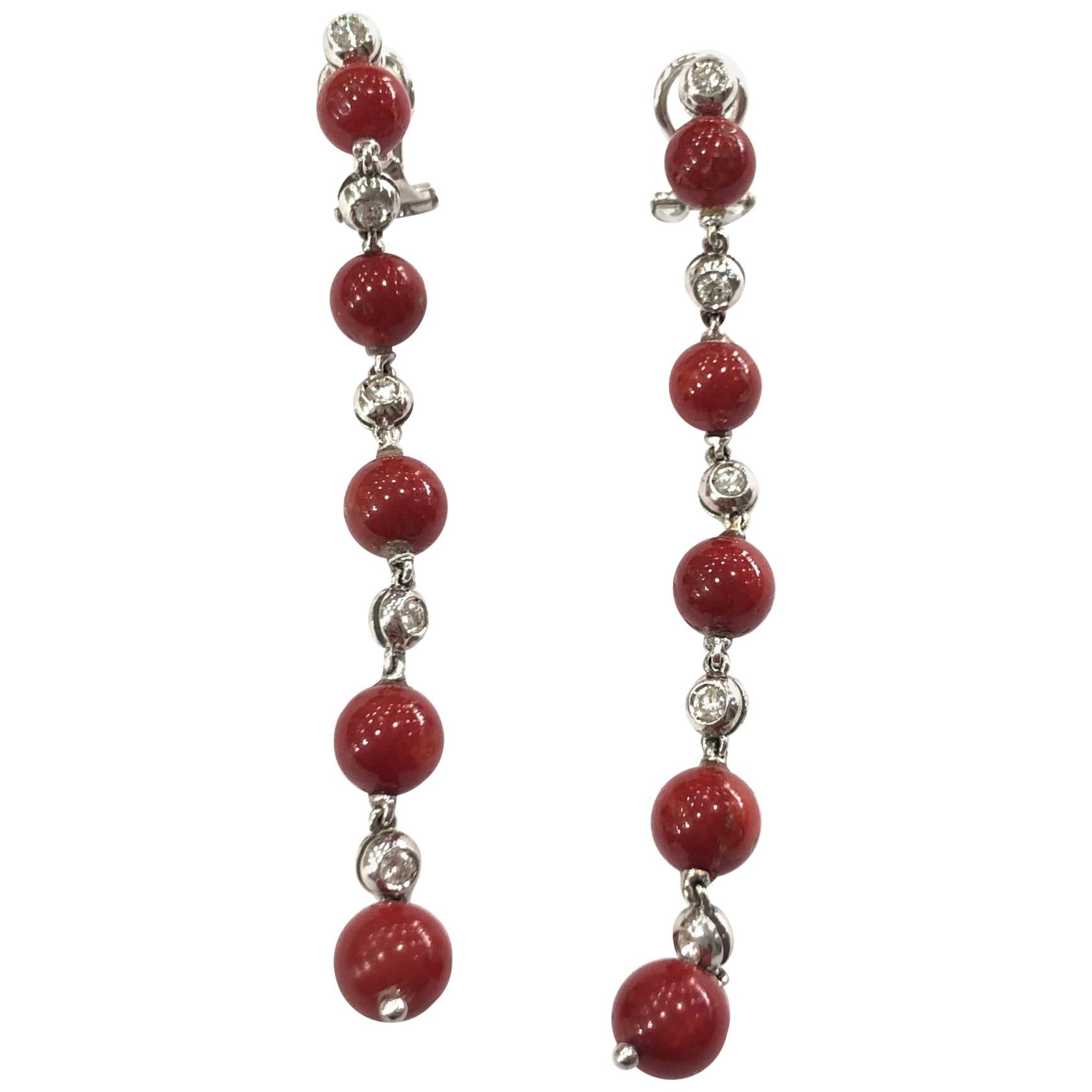 1960s Natural Coral and Diamond Drop Earrings For Sale