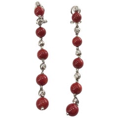 1960s Natural Coral and Diamond Drop Earrings