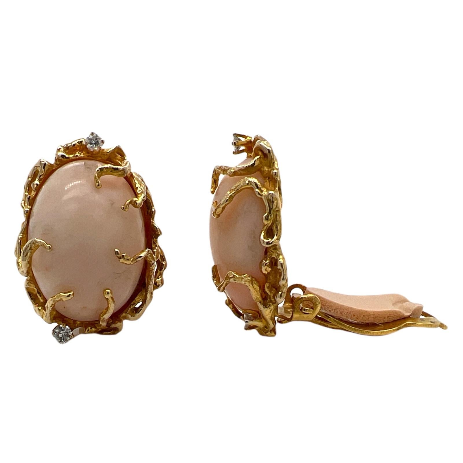 Modern 1960's Natural Coral Diamond 14 Karat Yellow Gold Vintage Ear Clip Earrings