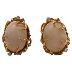 1960's Natural Coral Diamond 14 Karat Yellow Gold Vintage Ear Clip Earrings
