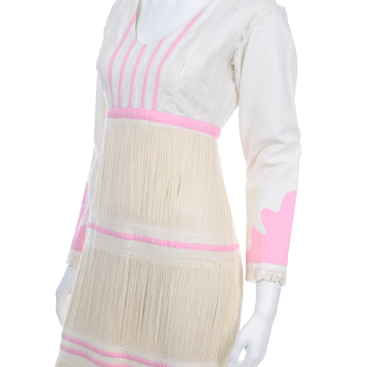 1960s Natural Linen Vintage Handwoven Folk Dress W Fringe & Pink Applique Trim For Sale 2