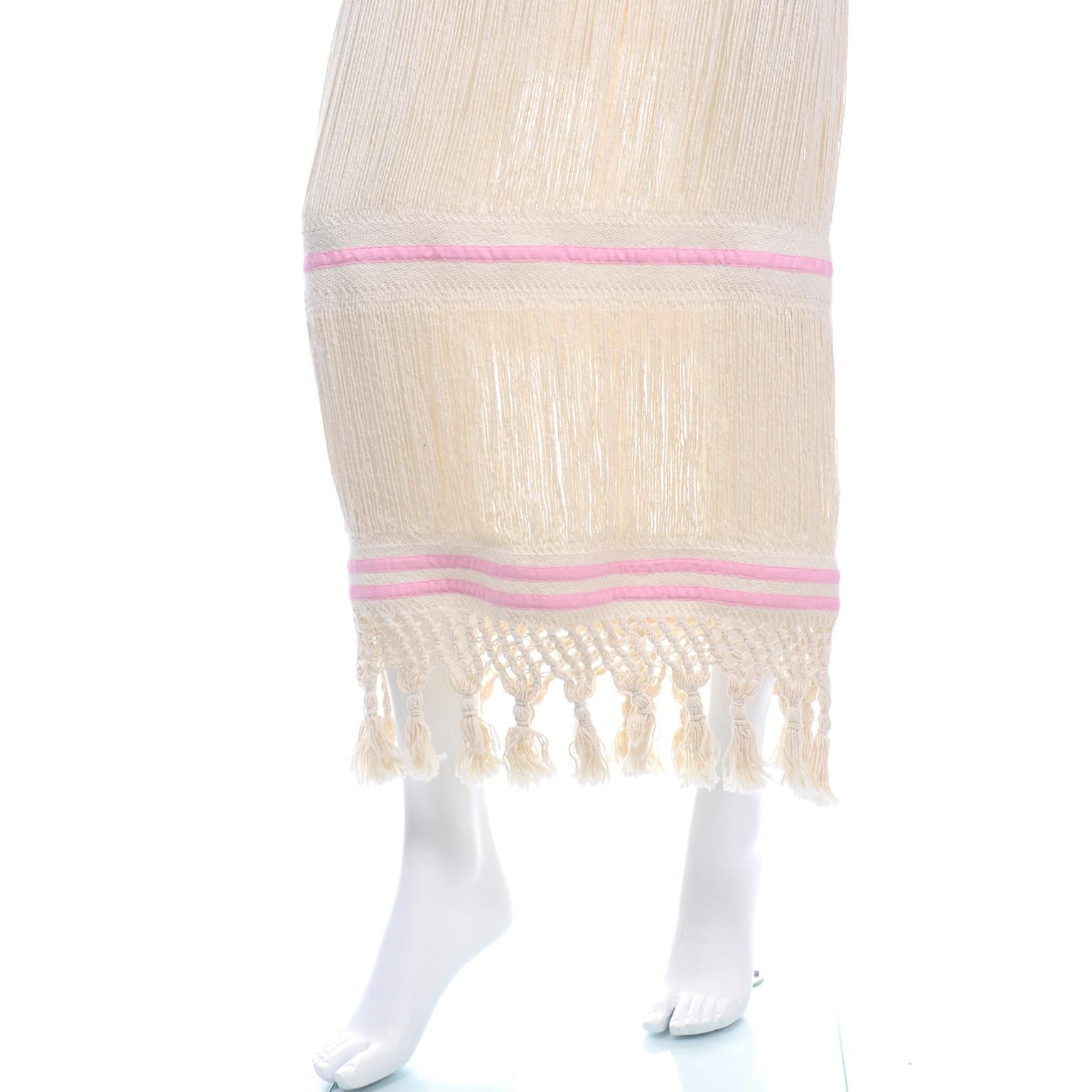 Beige 1960s Natural Linen Vintage Handwoven Folk Dress W Fringe & Pink Applique Trim For Sale