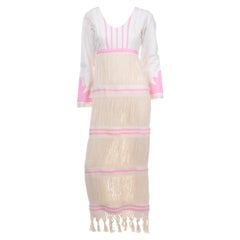 1960s Natural Linen Vintage Handwoven Folk Dress W Fringe & Pink Applique Trim