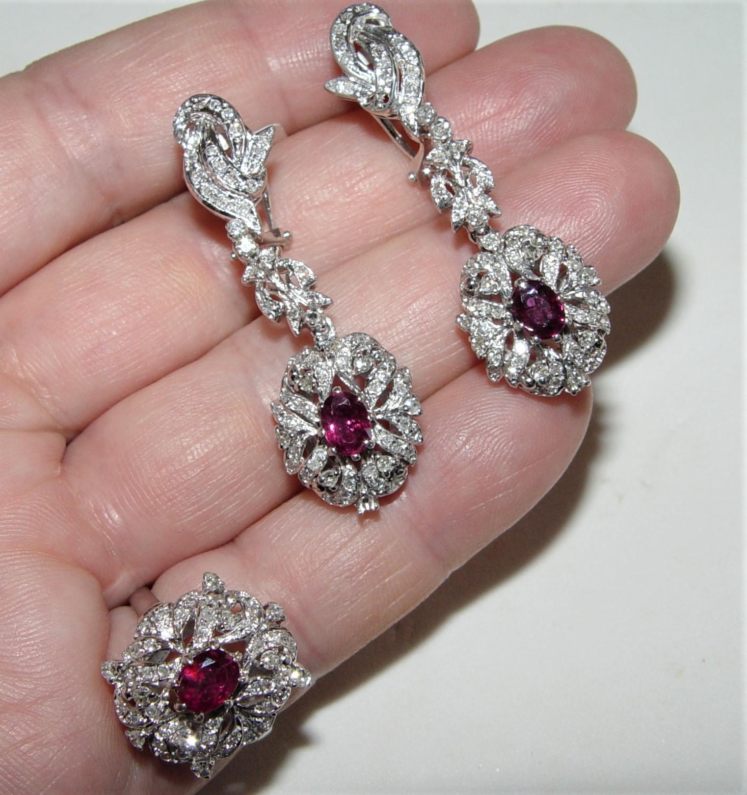 Art Deco 1960's Natural Ruby & Diamond Earring/Ring Set 14K For Sale