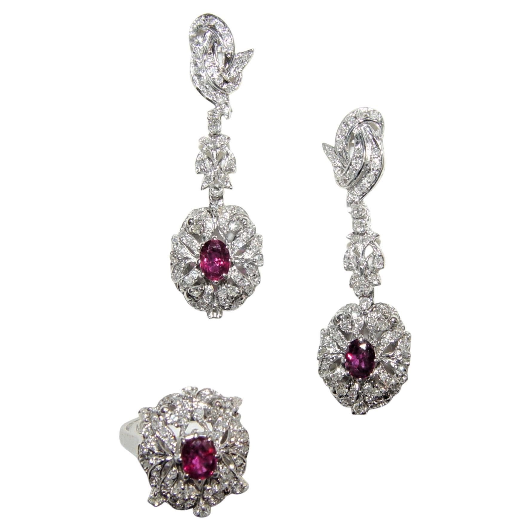 1960's Natural Ruby & Diamond Earring/Ring Set 14K For Sale