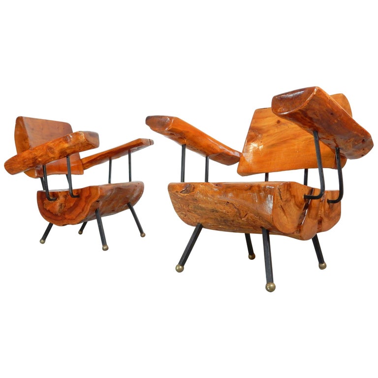 1960's Burl Wood, Iron and Bronze Lounge Chairs For Sale at 1stDibs