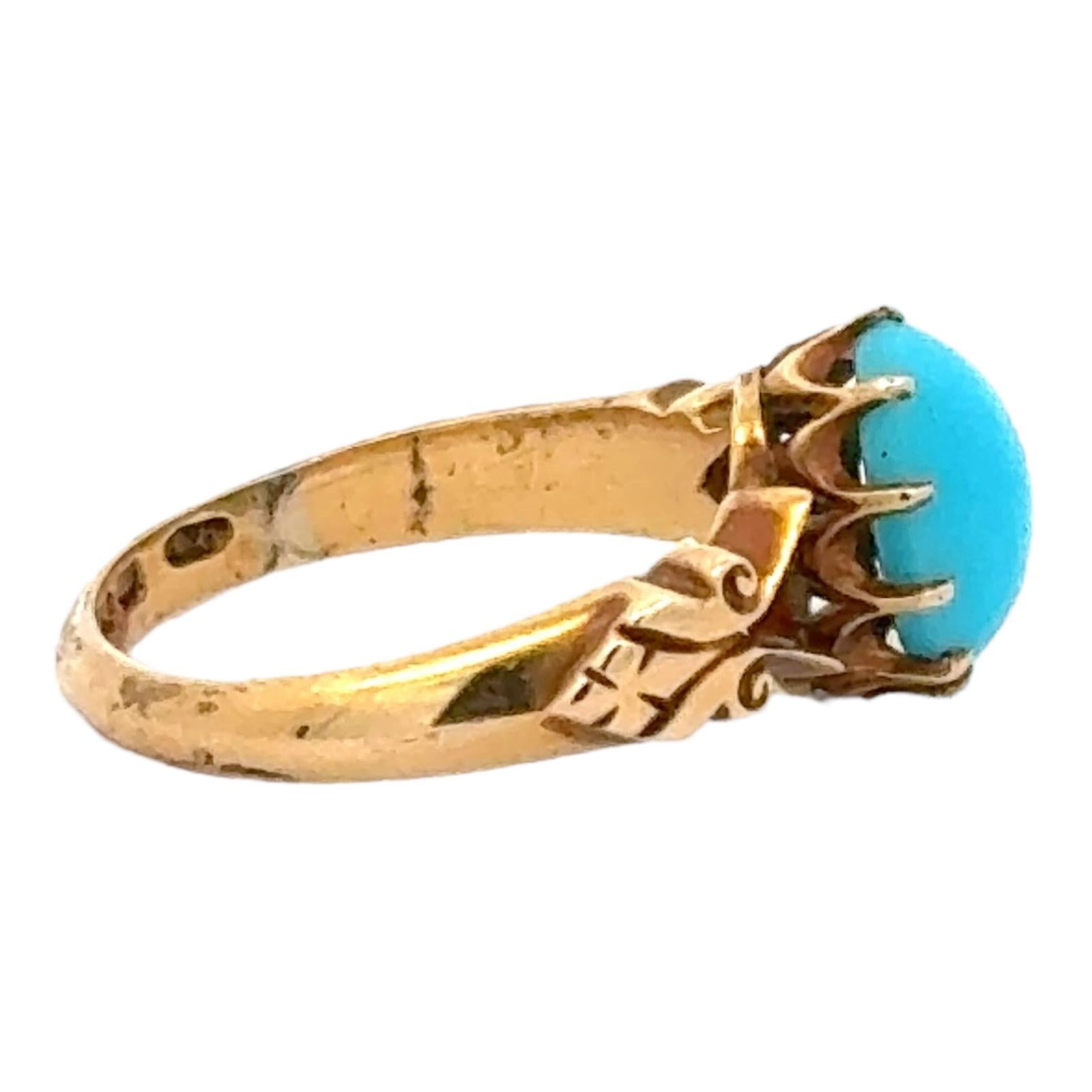 Cabochon 1960's Natural Turquoise 18 Karat Yellow Gold Handcrafted Vintage Ring For Sale