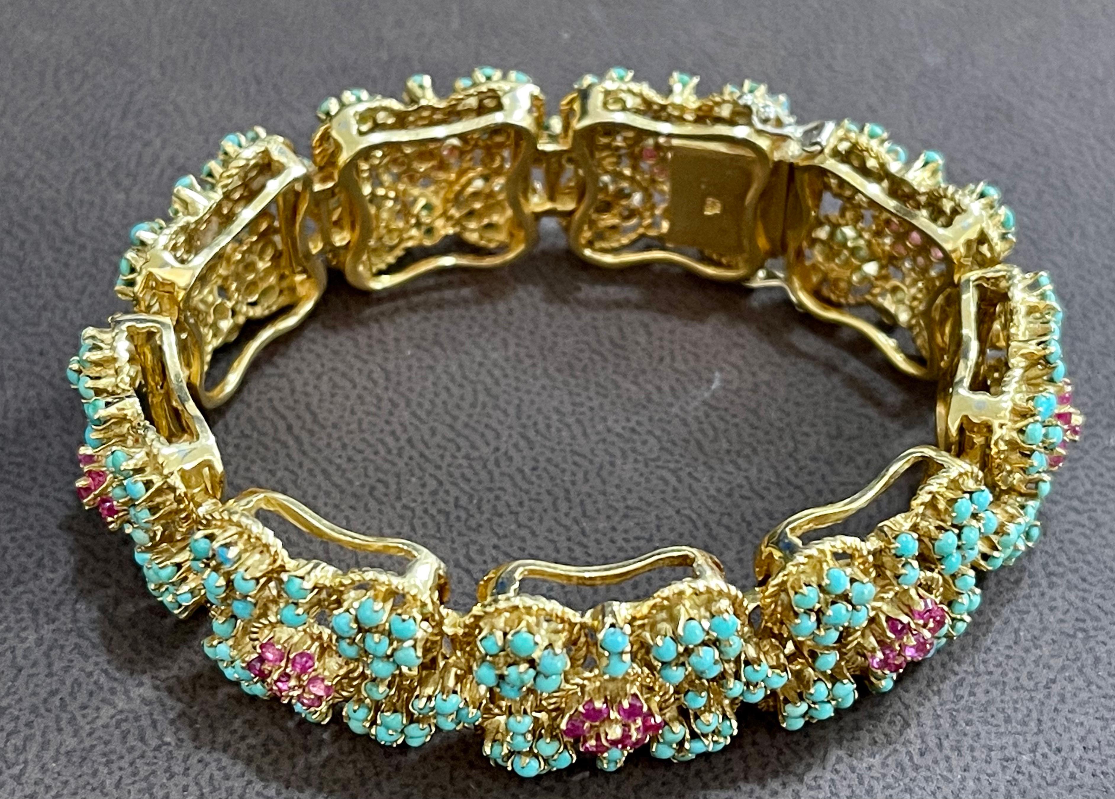 1960s Natural Turquoise & Ruby Bangle /Bracelet in 18 Kt Yellow Gold 72.6 Grams 3