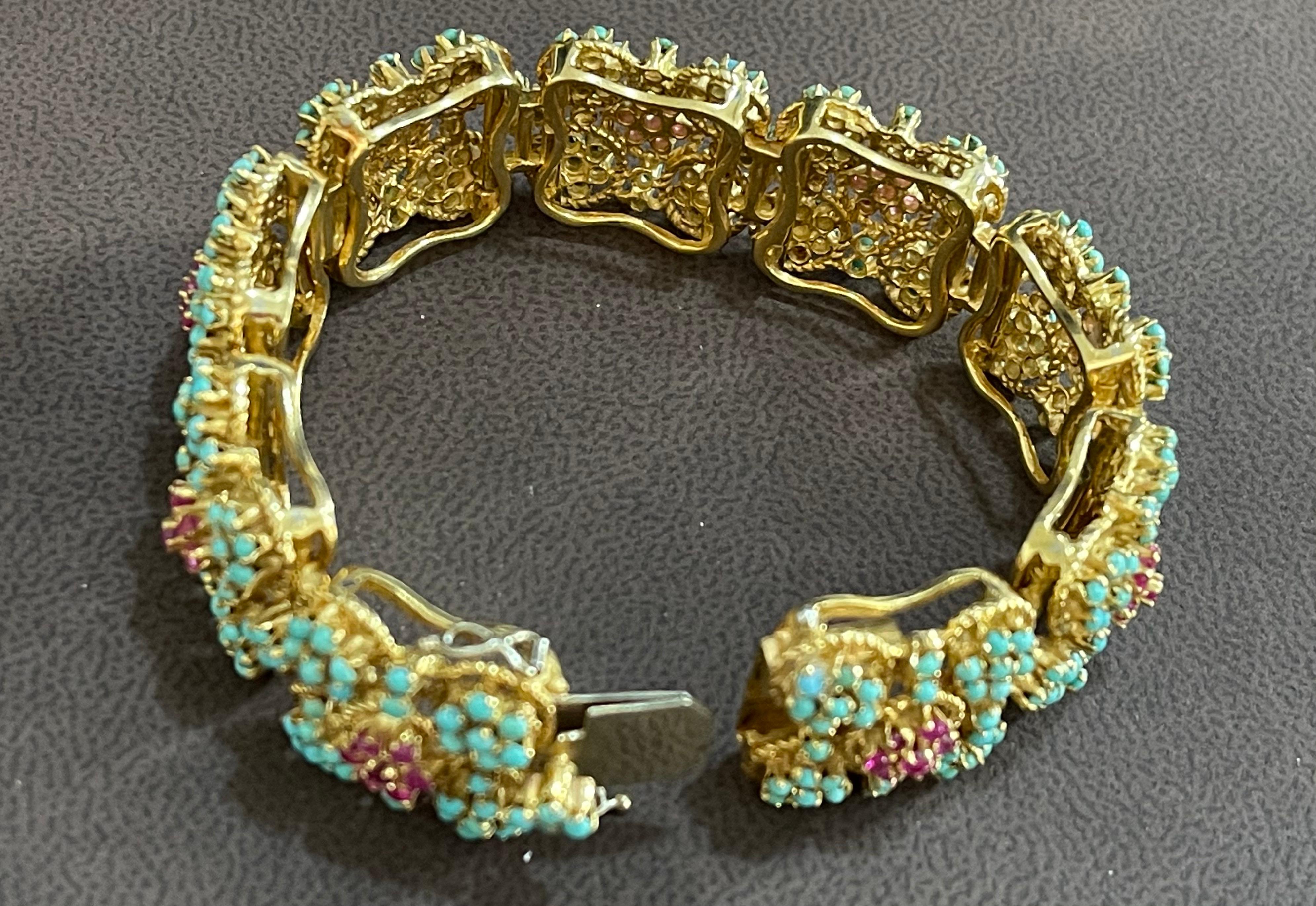 1960s Natural Turquoise & Ruby Bangle /Bracelet in 18 Kt Yellow Gold 72.6 Grams 5