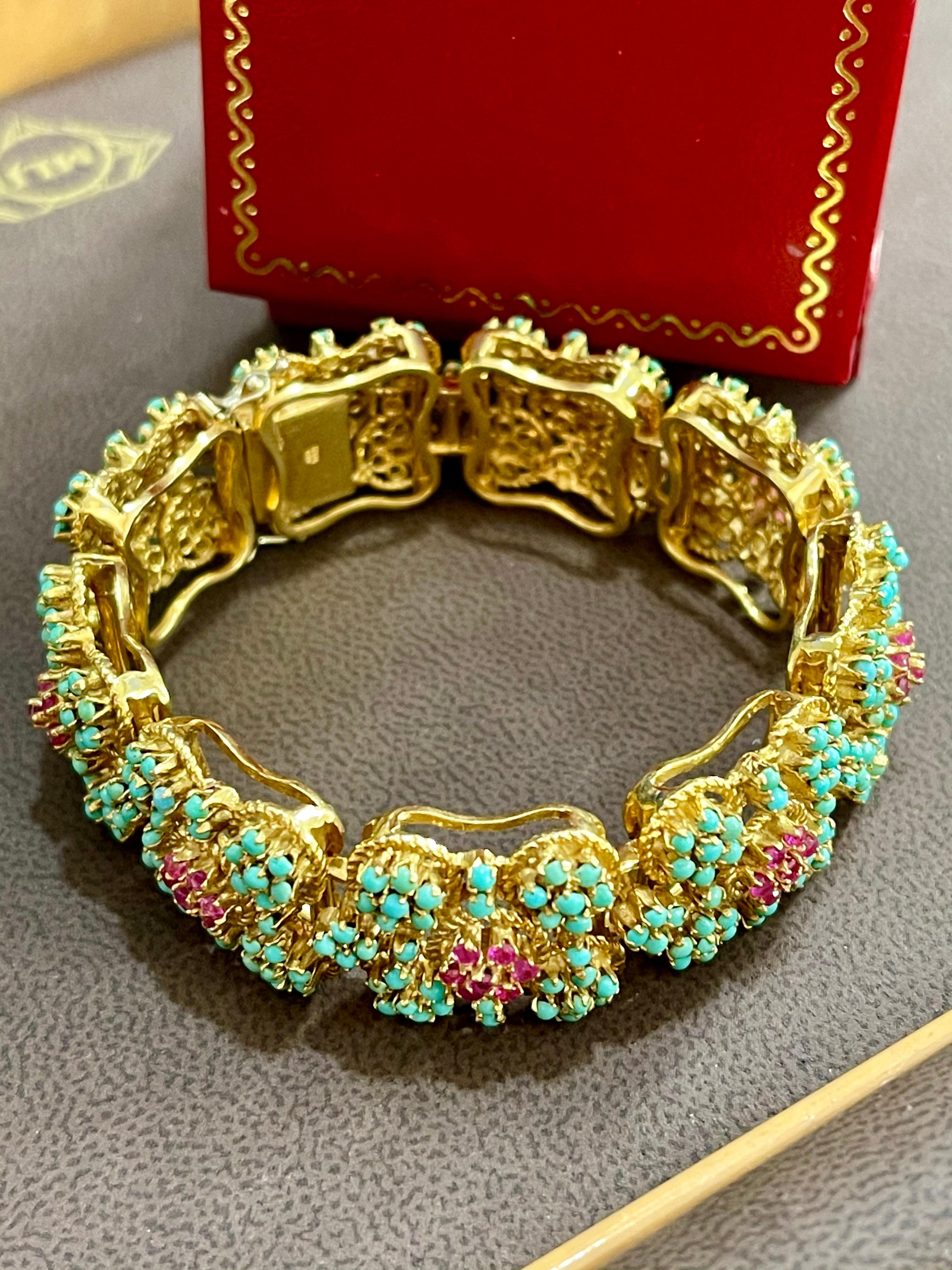 1960s Natural Turquoise & Ruby Bangle /Bracelet in 18 Kt Yellow Gold 72.6 Grams 7