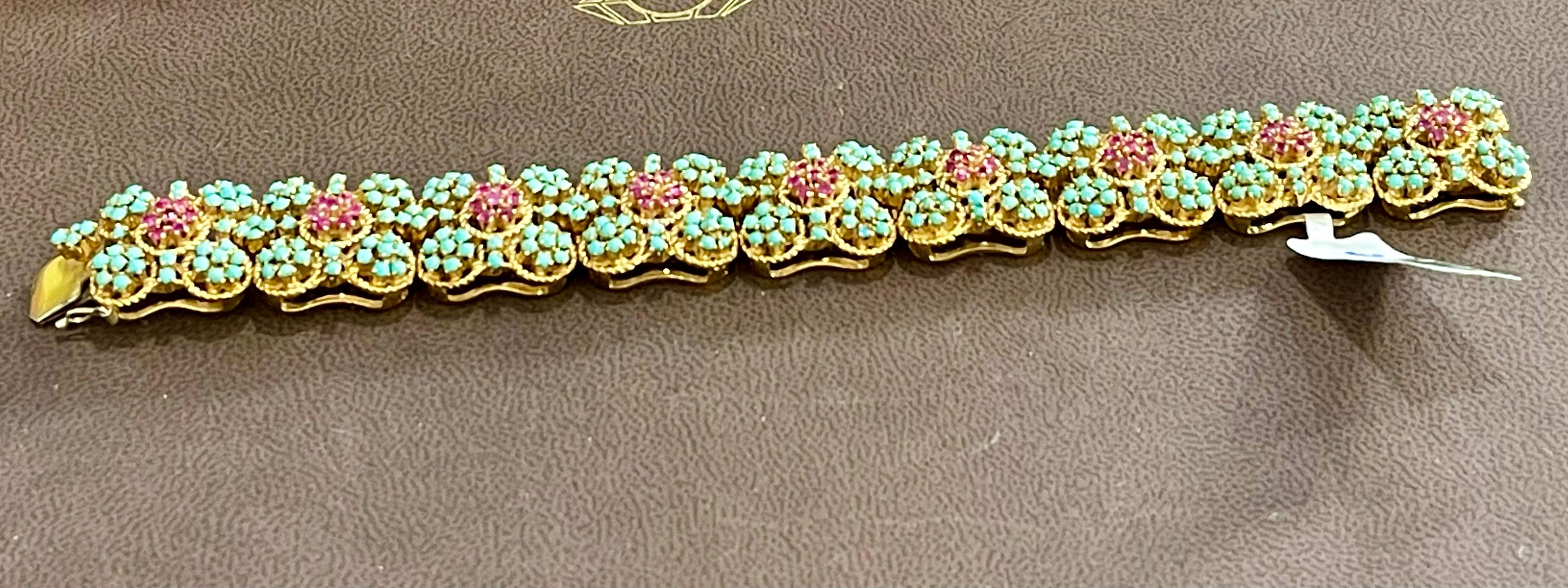 Round Cut 1960s Natural Turquoise & Ruby Bangle /Bracelet in 18 Kt Yellow Gold 72.6 Grams