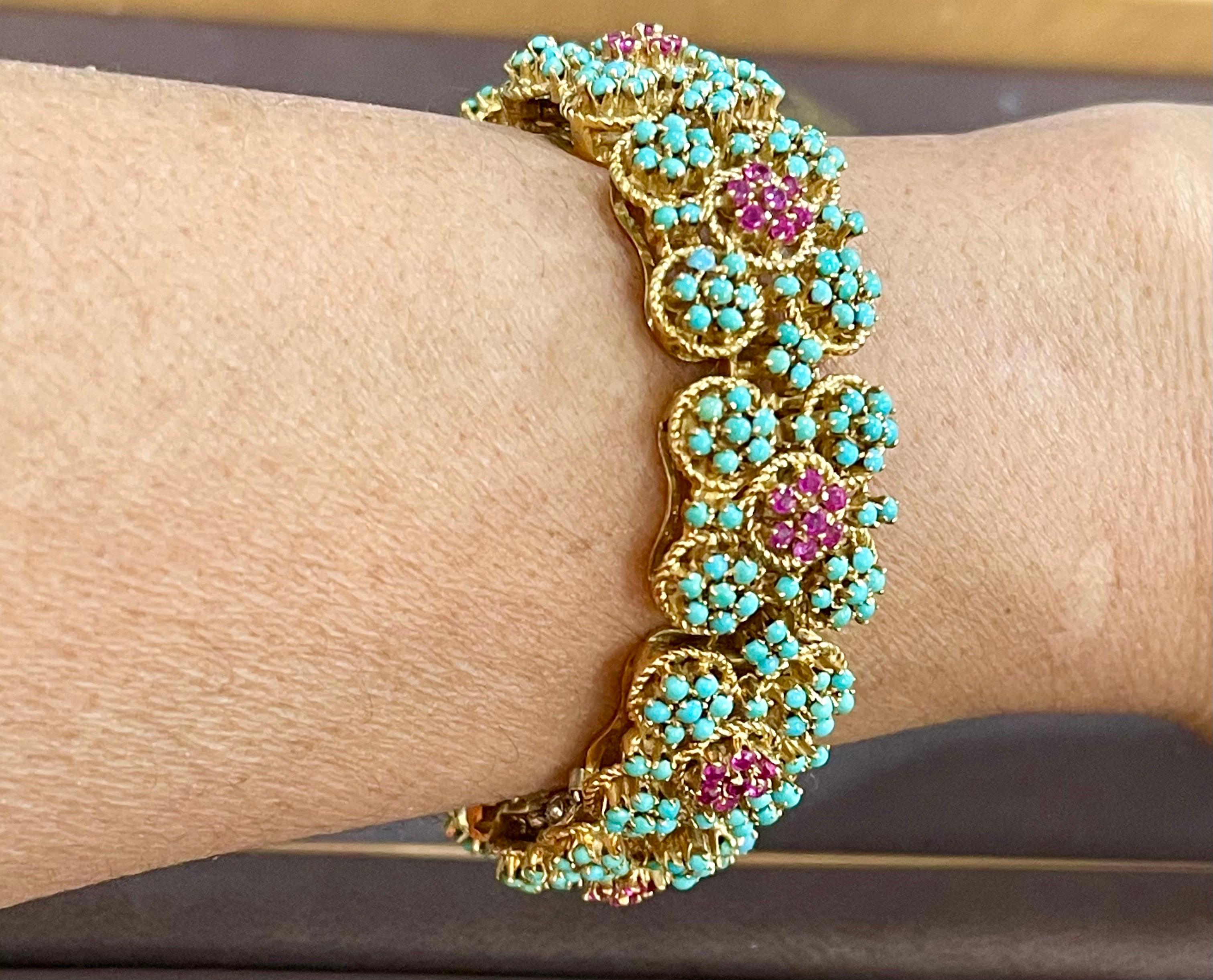 1960s Natural Turquoise & Ruby Bangle /Bracelet in 18 Kt Yellow Gold 72.6 Grams In Excellent Condition In New York, NY