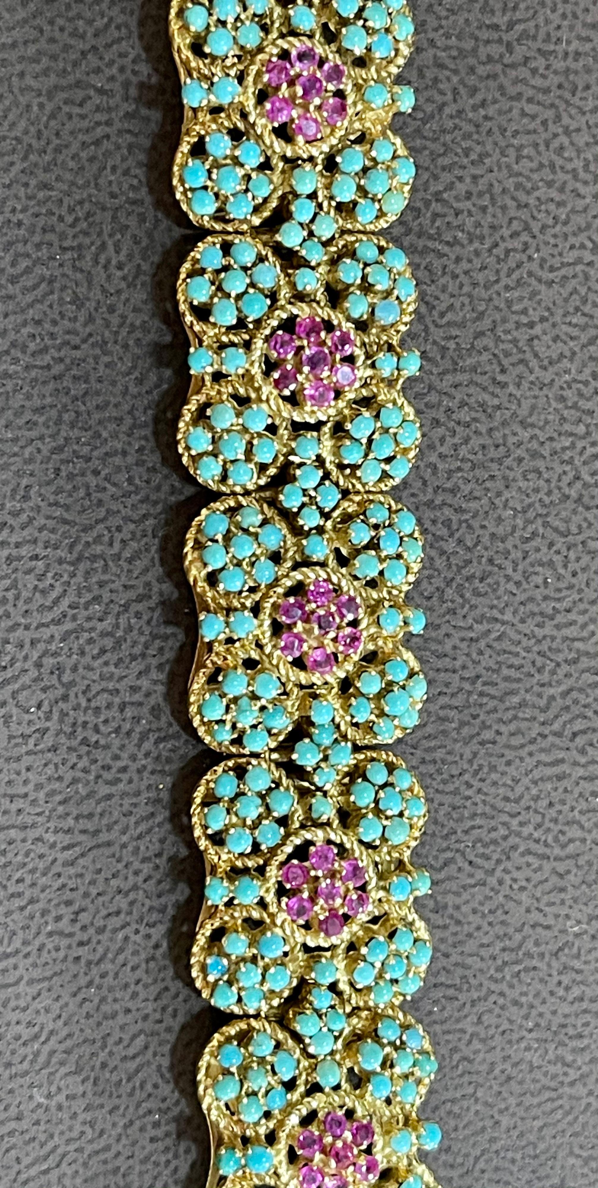 1960s Natural Turquoise & Ruby Bangle /Bracelet in 18 Kt Yellow Gold 72.6 Grams 2