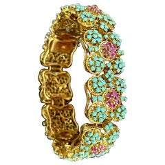 Antique 1960s Natural Turquoise & Ruby Bangle /Bracelet in 18 Kt Yellow Gold 72.6 Grams