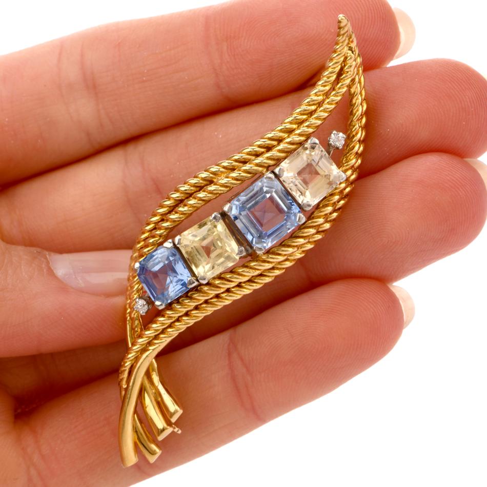 1960s Natural No Heat Yellow Blue Sapphire Diamond 18k Gold Scroll Pin Brooch In Excellent Condition In Miami, FL