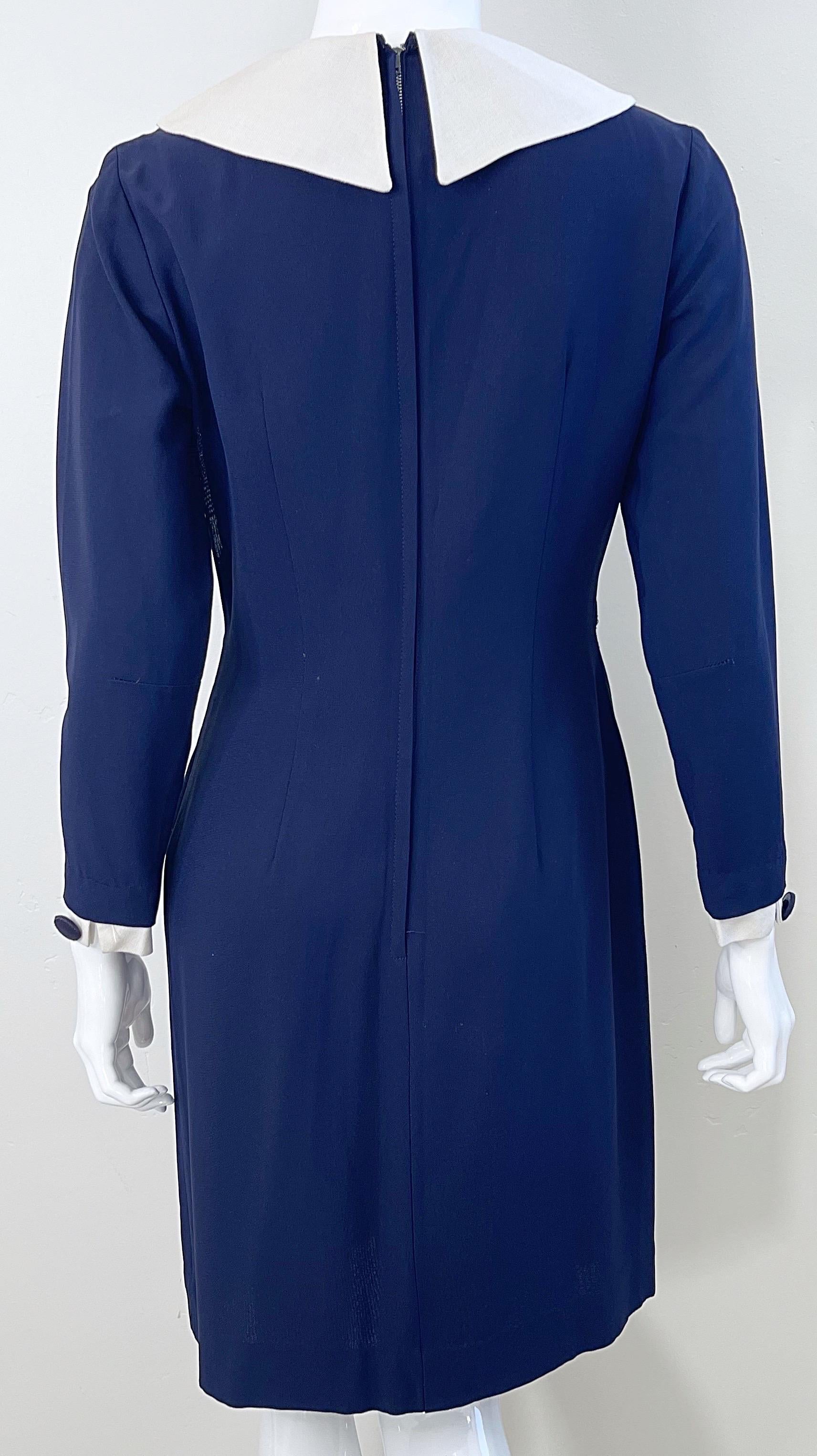 1960er Jahre Nautisches Marineblau + Weiß Langärmliges Seiden Rayon Vintage 60s Kleid im Angebot 6