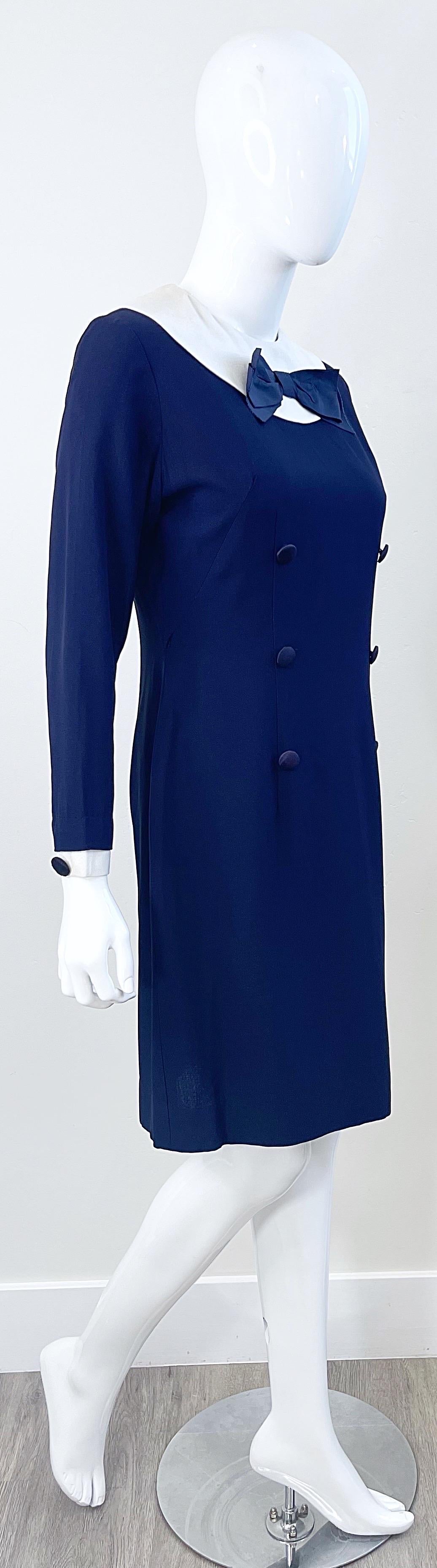 1960s Nautical Navy Blue + White Long Sleeve Silk Rayon Vintage 60s Dress For Sale 7