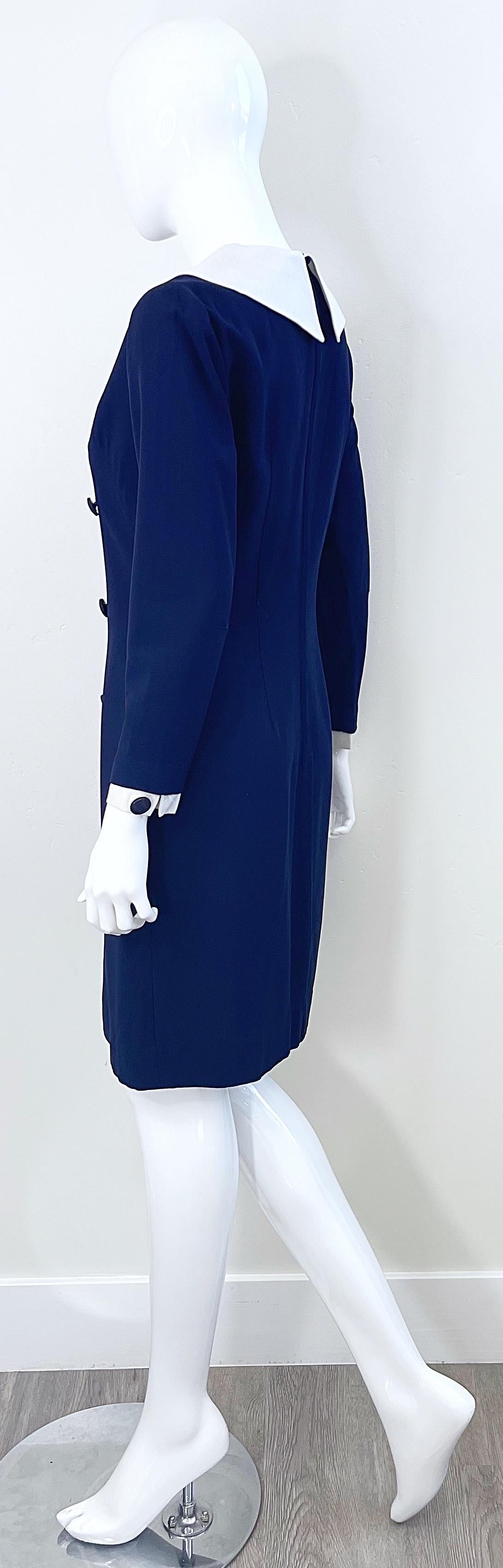 1960s Nautical Navy Blue + White Long Sleeve Silk Rayon Vintage 60s Dress For Sale 8