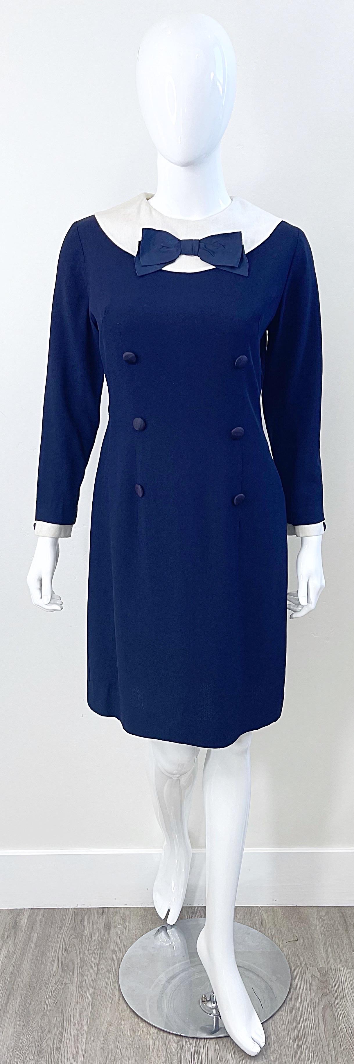 1960s Nautical Navy Blue + White Long Sleeve Silk Rayon Vintage 60s Dress For Sale 9