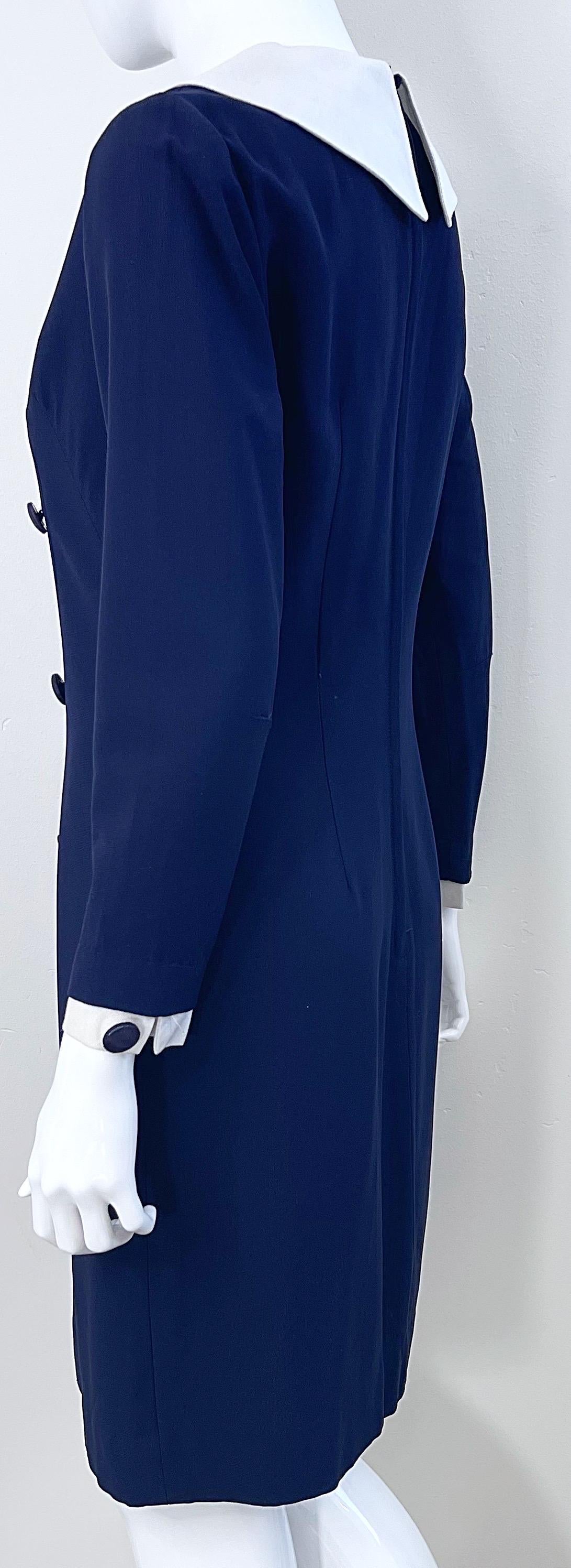1960s Nautical Navy Blue + White Long Sleeve Silk Rayon Vintage 60s Dress In Good Condition For Sale In San Diego, CA