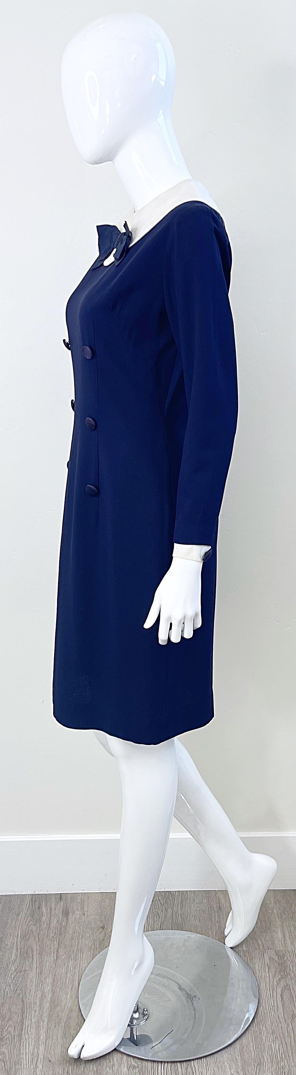 1960er Jahre Nautisches Marineblau + Weiß Langärmliges Seiden Rayon Vintage 60s Kleid Damen im Angebot