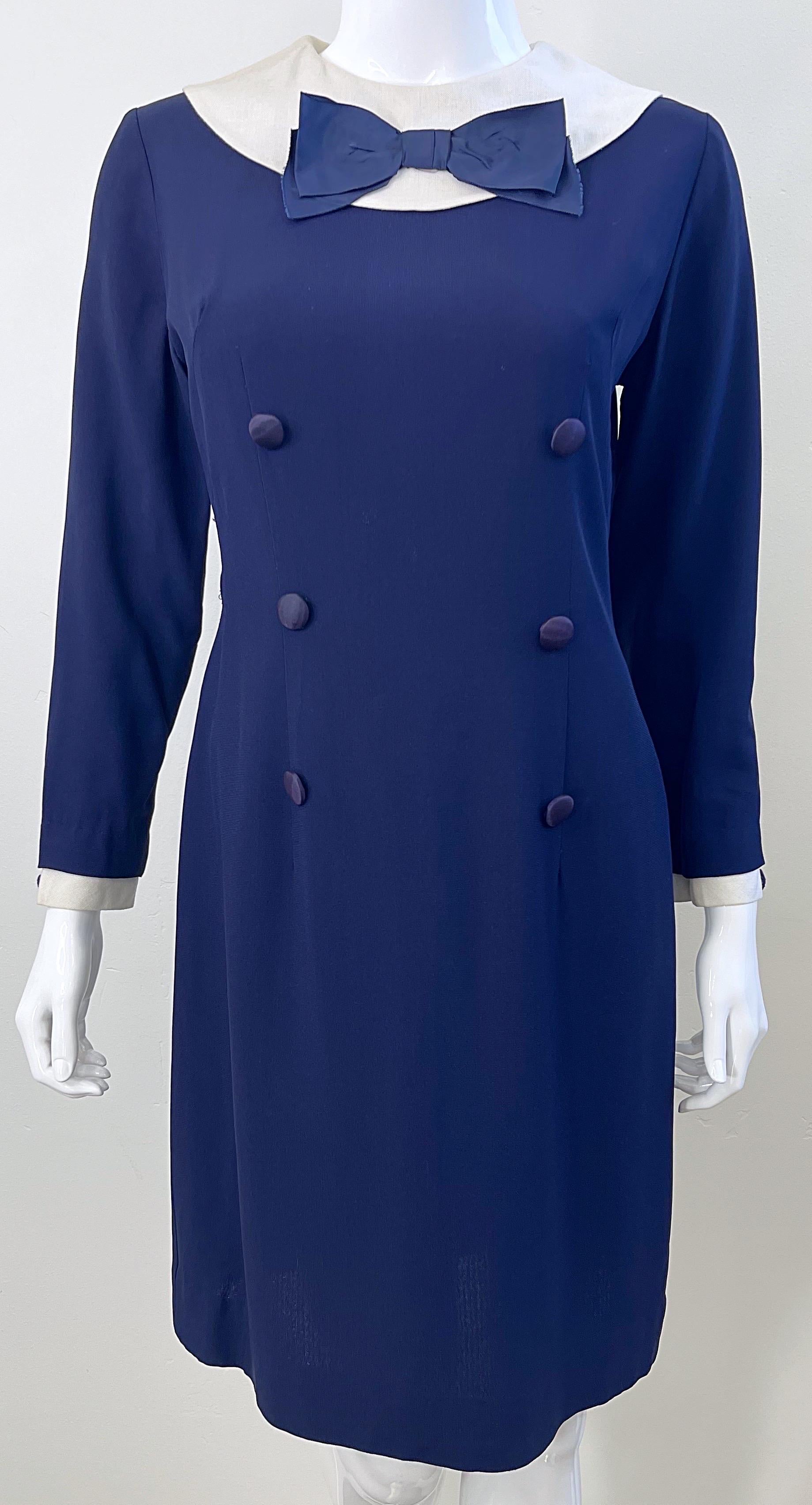 1960s Nautical Navy Blue + White Long Sleeve Silk Rayon Vintage 60s Dress For Sale 1