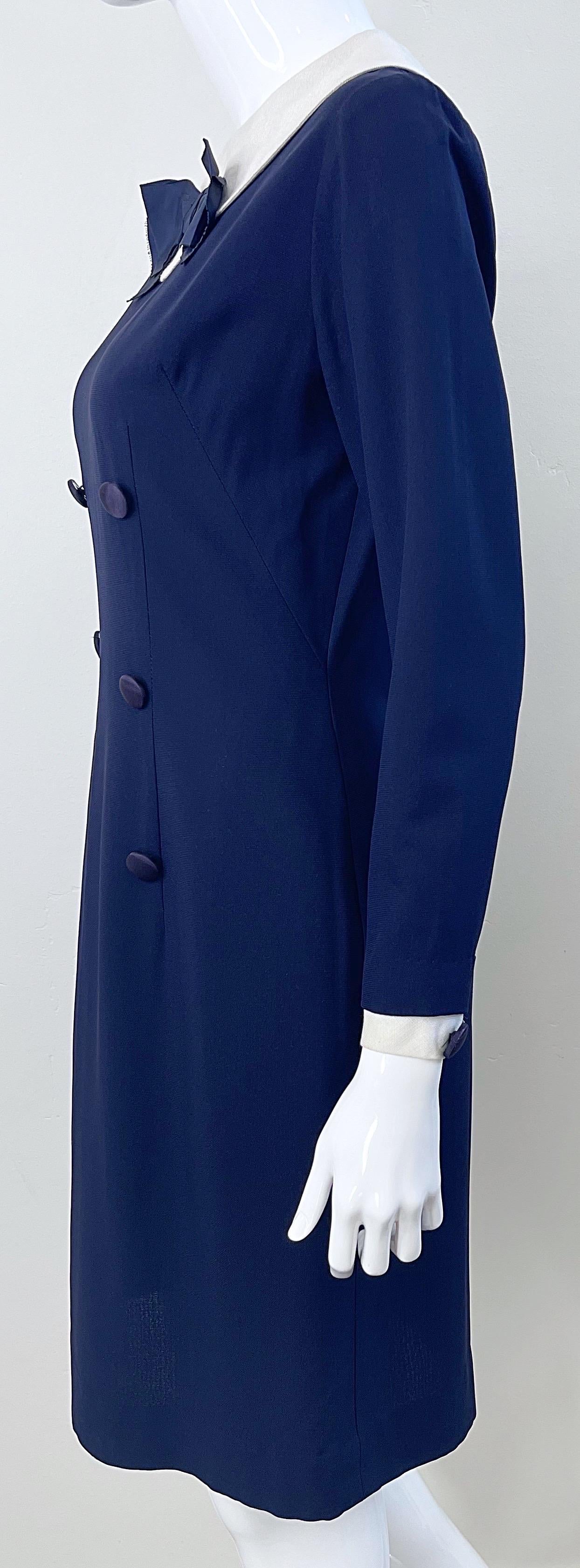 1960er Jahre Nautisches Marineblau + Weiß Langärmliges Seiden Rayon Vintage 60s Kleid im Angebot 2