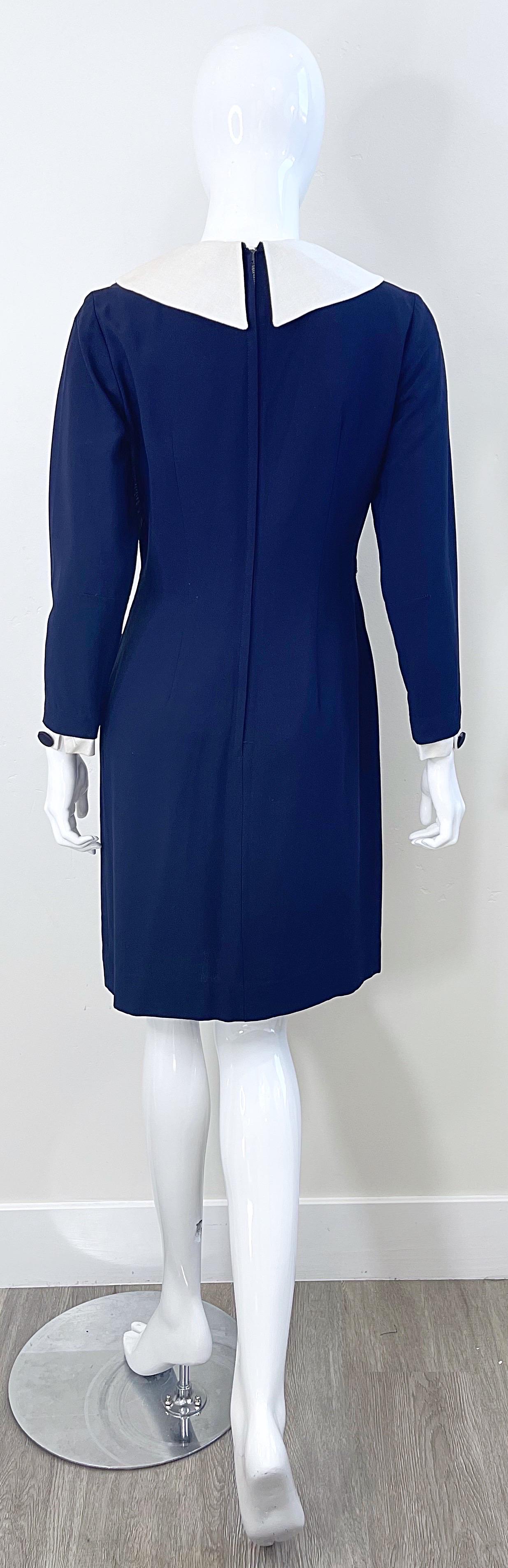 1960er Jahre Nautisches Marineblau + Weiß Langärmliges Seiden Rayon Vintage 60s Kleid im Angebot 3