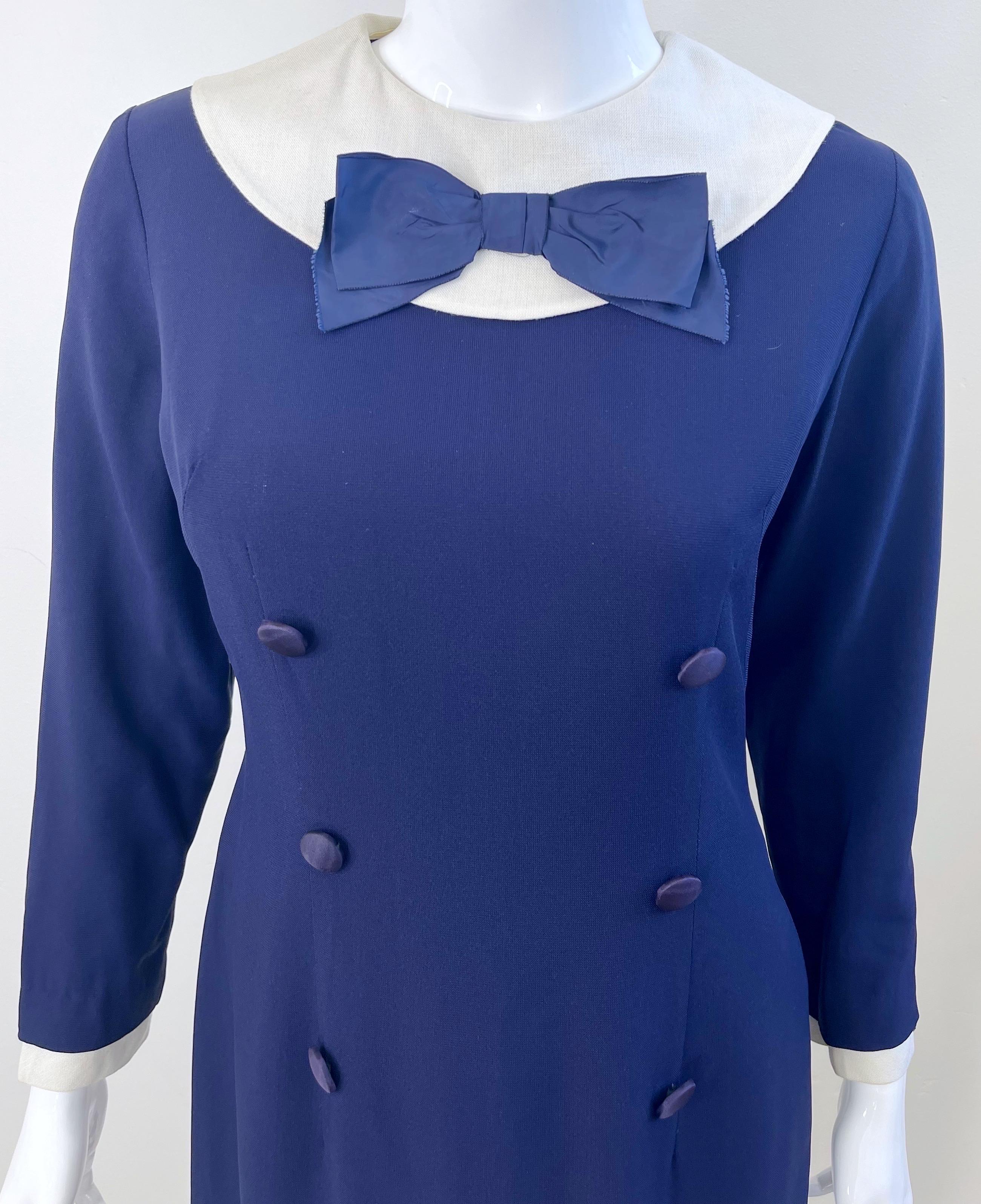 1960er Jahre Nautisches Marineblau + Weiß Langärmliges Seiden Rayon Vintage 60s Kleid im Angebot 5
