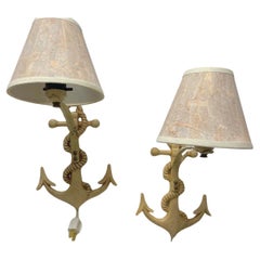 1960s Nautical Rope and Anchor Metal Sconces With New Shades