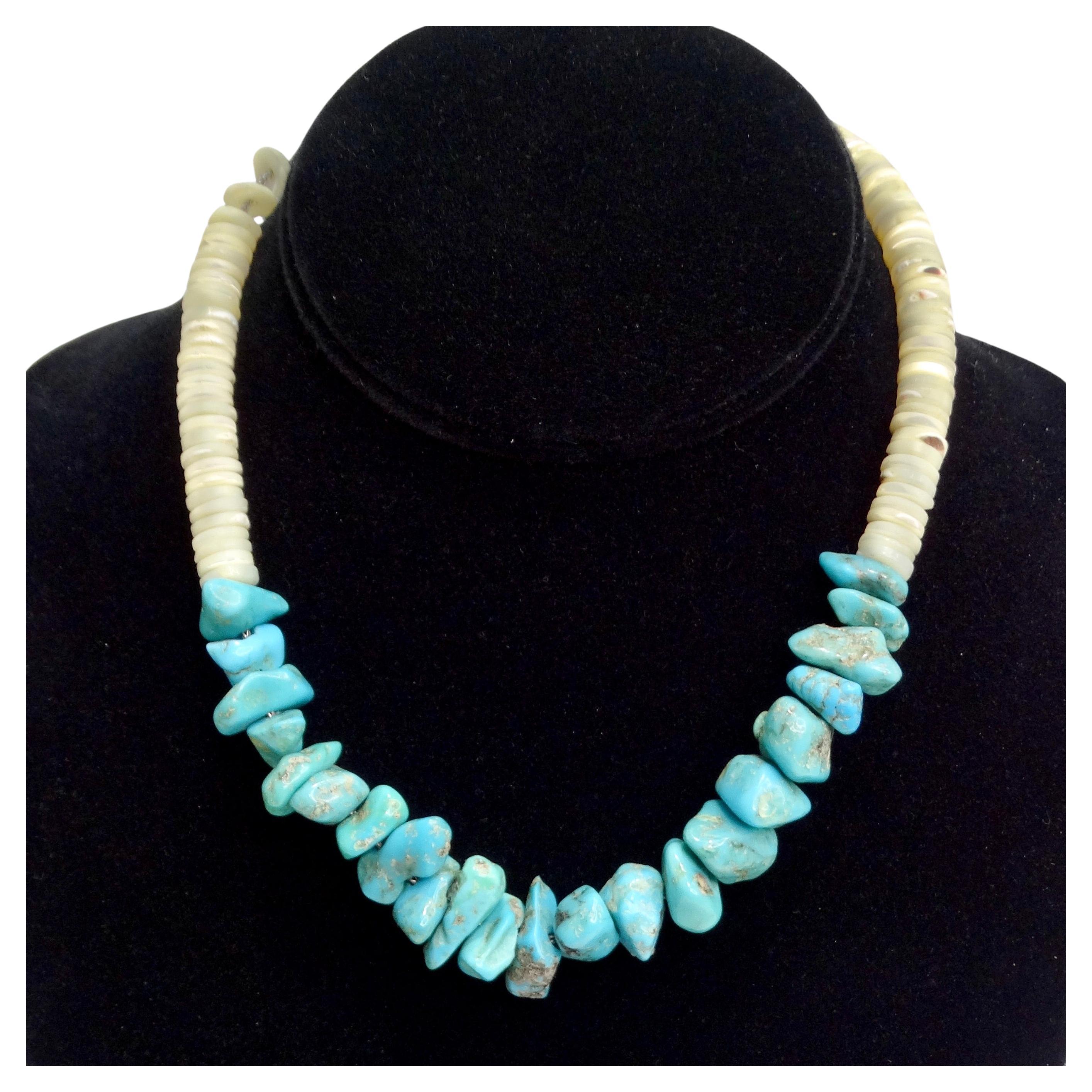 1960s Navajo Turquoise Shell Beaded Necklace For Sale