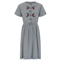 1960s Navy and White Gingham Shirtwaister Dress with Applique