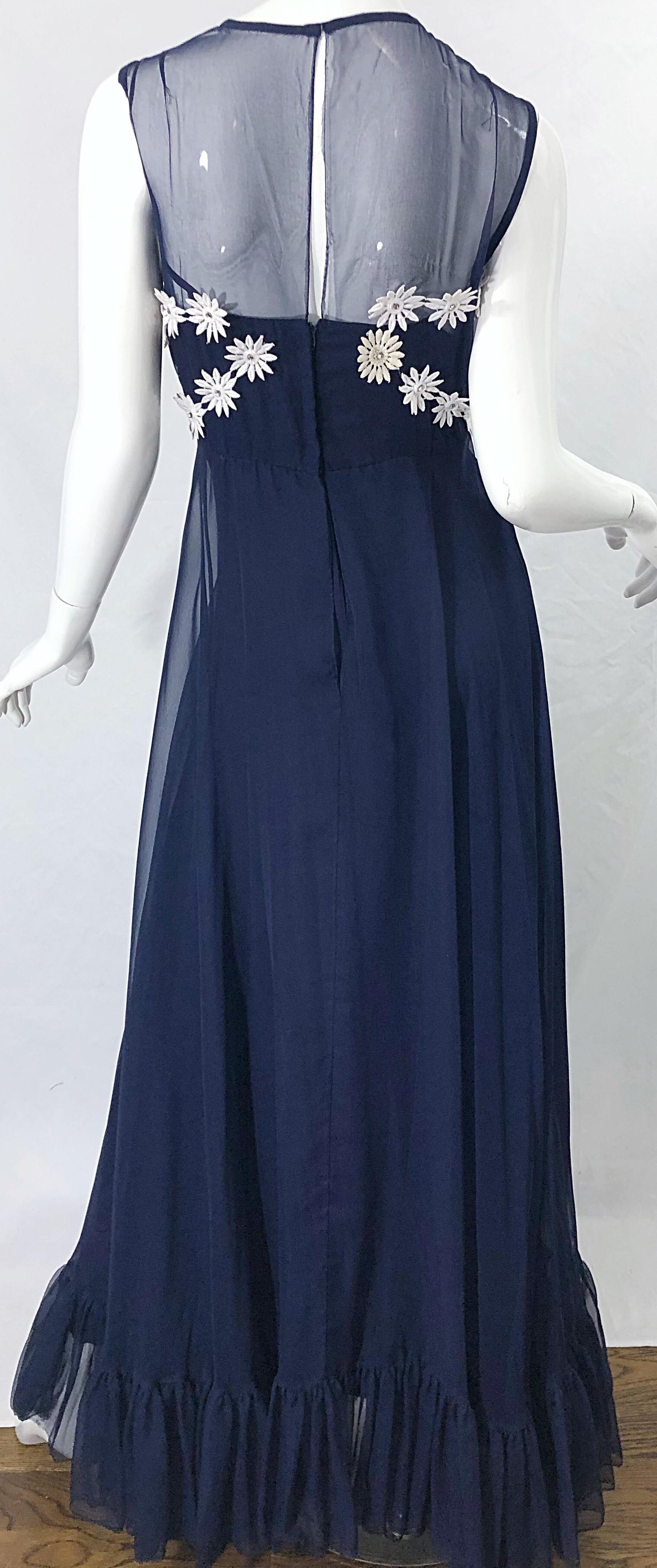1960s Navy Blue Chiffon White Rhinestone Flowers Vintage 60s Gown Maxi Dress For Sale 2