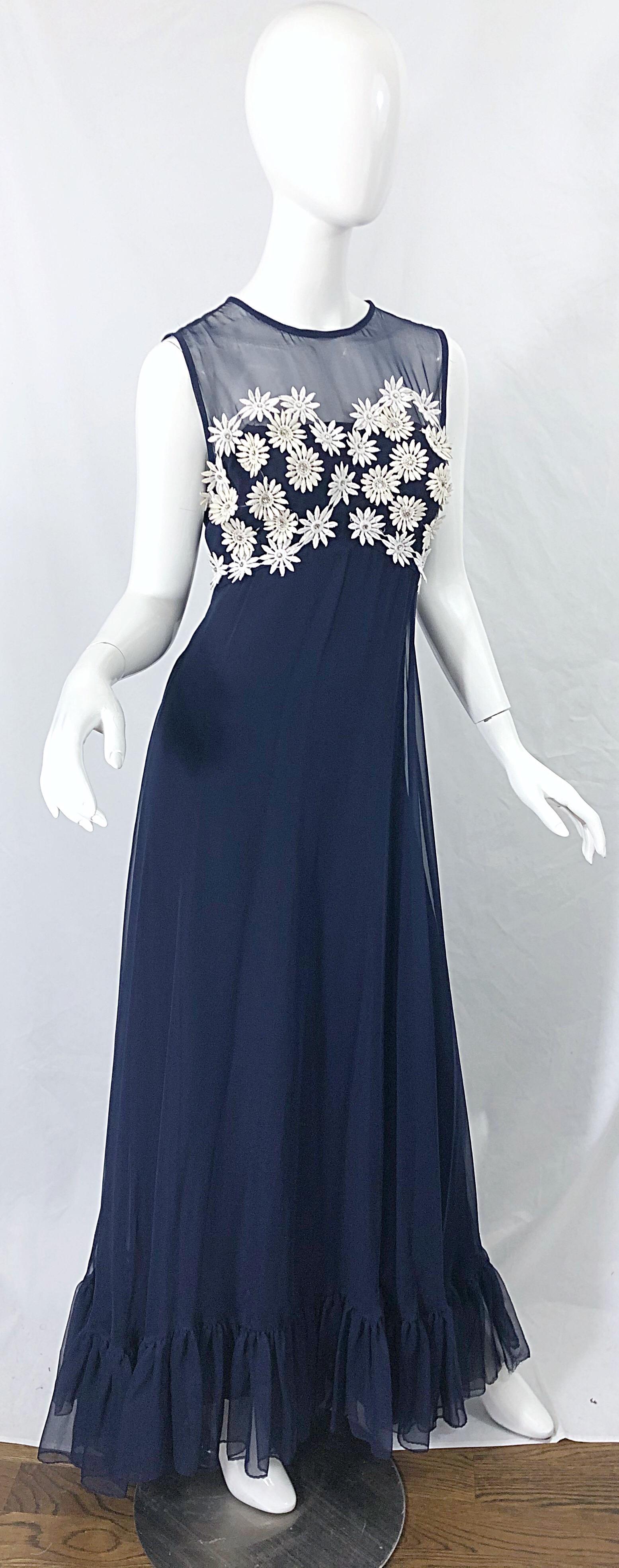 1960s Navy Blue Chiffon White Rhinestone Flowers Vintage 60s Gown Maxi Dress For Sale 3