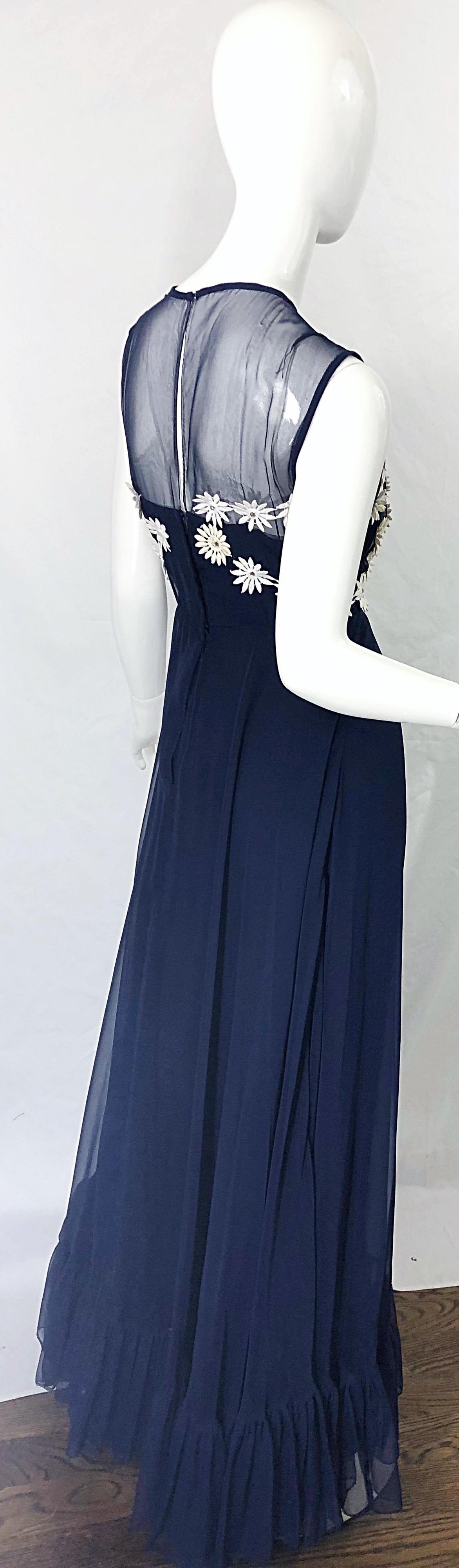 1960s Navy Blue Chiffon White Rhinestone Flowers Vintage 60s Gown Maxi Dress For Sale 4