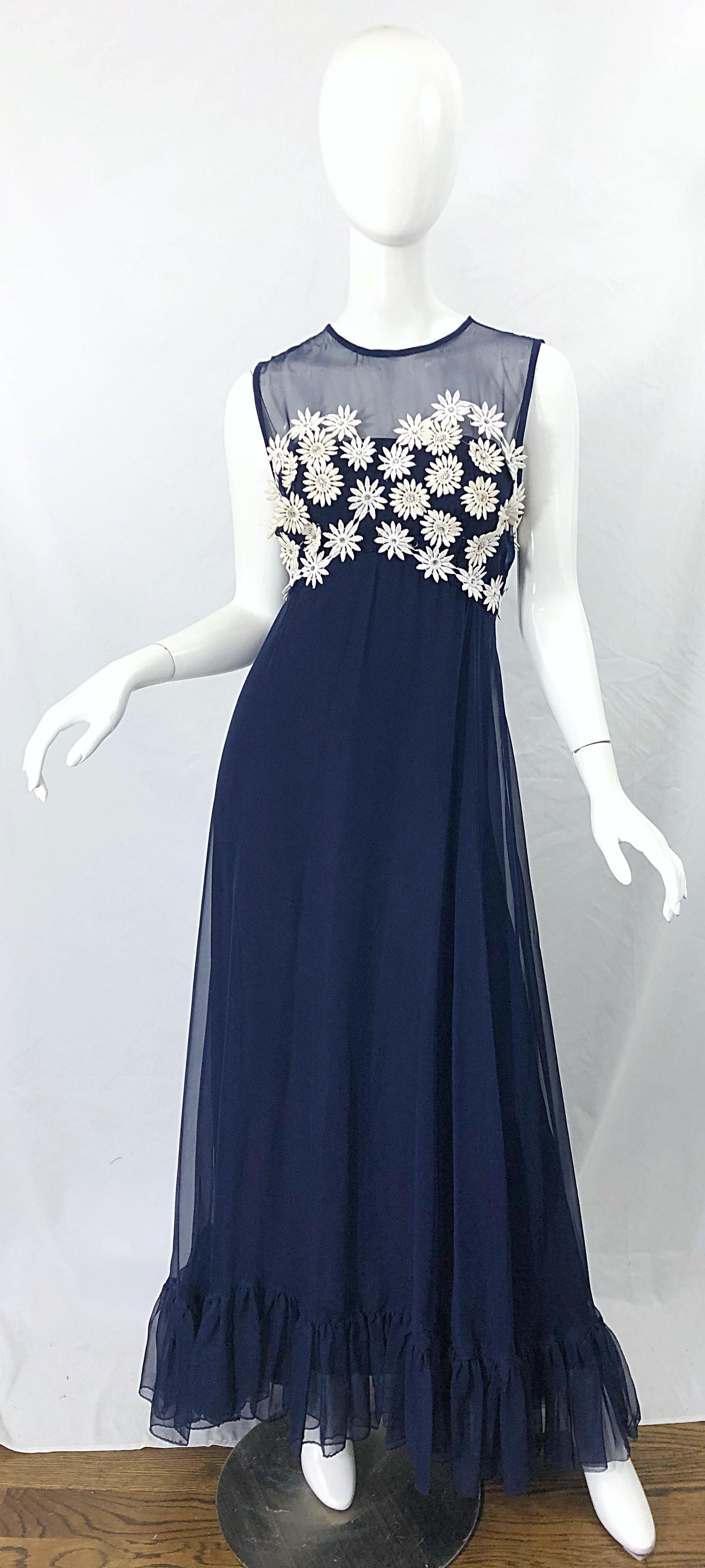 1960s Navy Blue Chiffon White Rhinestone Flowers Vintage 60s Gown Maxi Dress For Sale 5