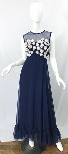 1960s Navy Blue Chiffon White Rhinestone Flowers Vintage 60s Gown Maxi Dress