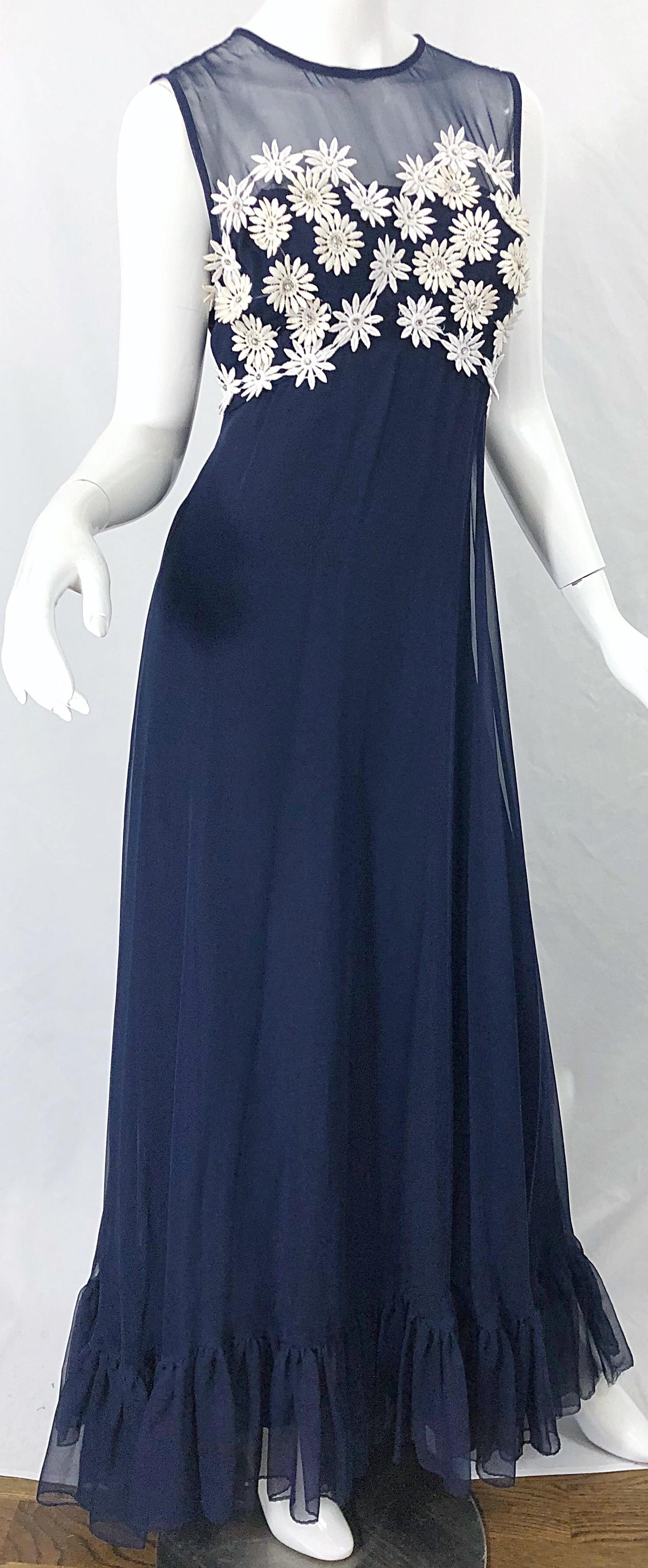 Black 1960s Navy Blue Chiffon White Rhinestone Flowers Vintage 60s Gown Maxi Dress For Sale