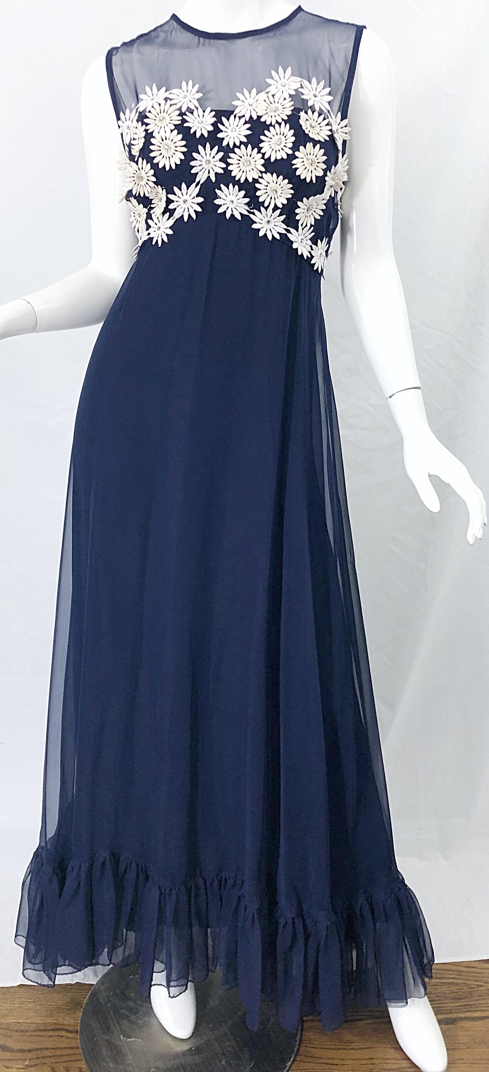 Women's 1960s Navy Blue Chiffon White Rhinestone Flowers Vintage 60s Gown Maxi Dress For Sale