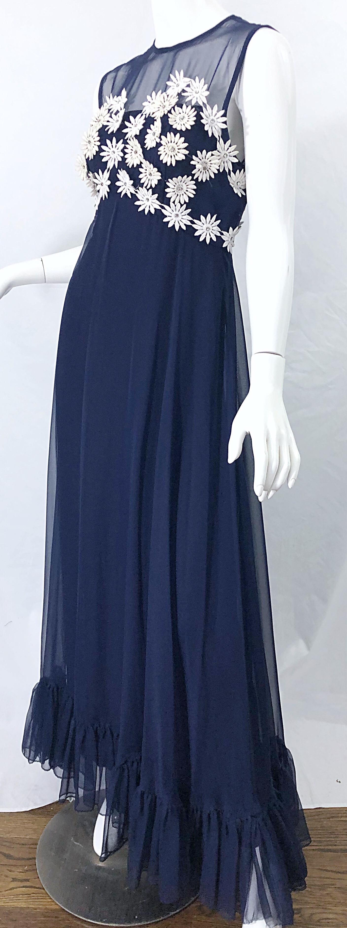 1960s Navy Blue Chiffon White Rhinestone Flowers Vintage 60s Gown Maxi Dress For Sale 1