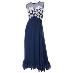 1960s Navy Blue Chiffon White Rhinestone Flowers Vintage 60s Gown Maxi Dress