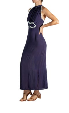 1930S Navy Blue & White Floral Applique Dress