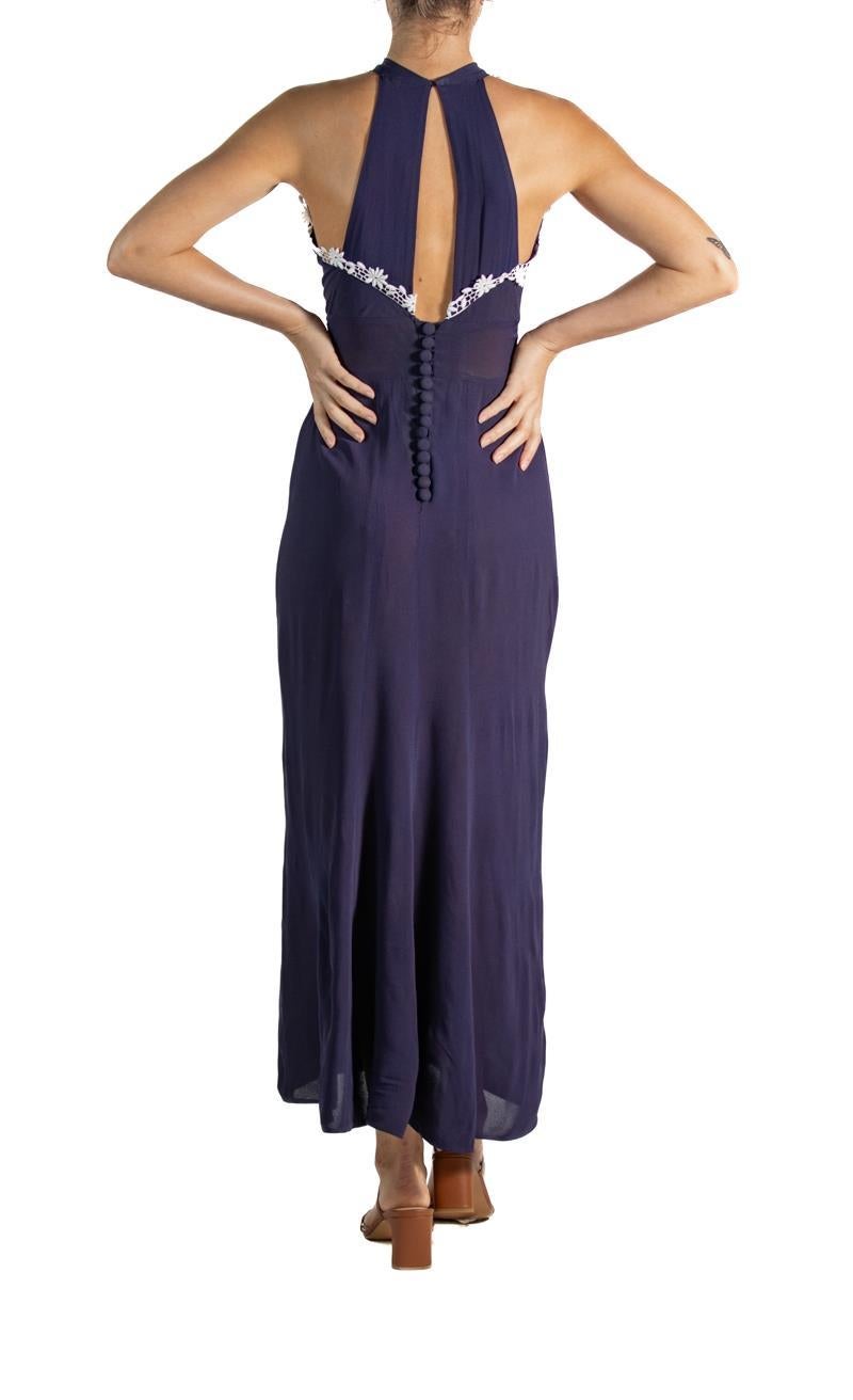 1930S Navy Blue & White Floral Applique Dress In Excellent Condition For Sale In New York, NY